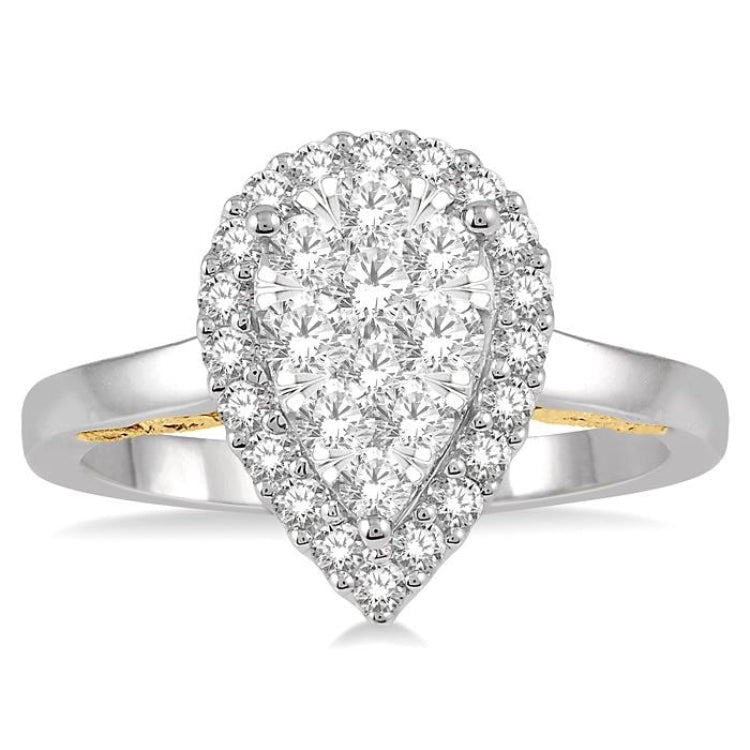 3/4 Ctw Pear Shape Lovebright Round Cut Diamond Ring in 14K White and Yellow Gold