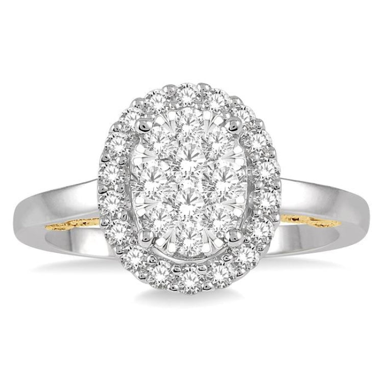 3/4 Ctw Oval Shape Lovebright Round Cut Diamond Ring in 14K White and Yellow Gold