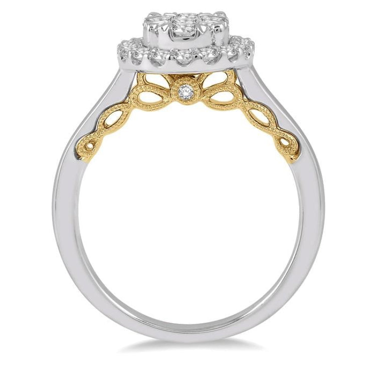 3/4 Ctw Oval Shape Lovebright Round Cut Diamond Ring in 14K White and Yellow Gold