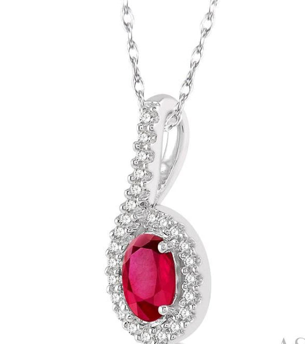 6X4 MM Oval Shape Ruby and 1/8 Ctw Round Cut Diamond Precious Pendant With Chain in 10K White Gold