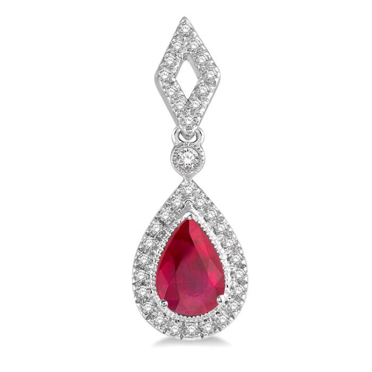 5x3 MM Pear Shape Ruby and 1/5 Ctw Round Cut Diamond Precious Earring in 10K White Gold