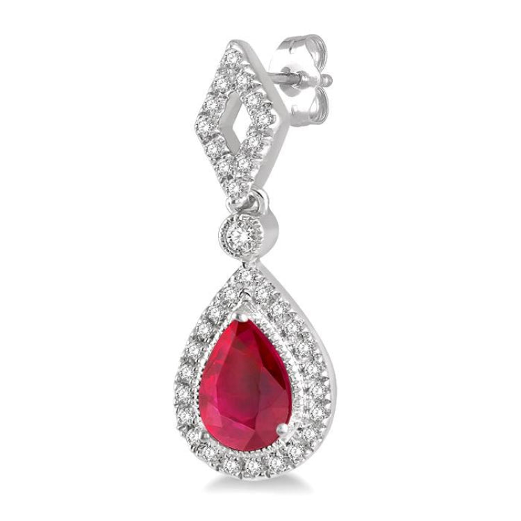 5x3 MM Pear Shape Ruby and 1/5 Ctw Round Cut Diamond Precious Earring in 10K White Gold