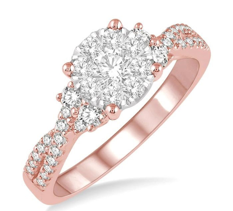 3/4 Ctw Crossed Split Shank Lovebright Diamond Cluster Ring in 14K Rose and White Gold