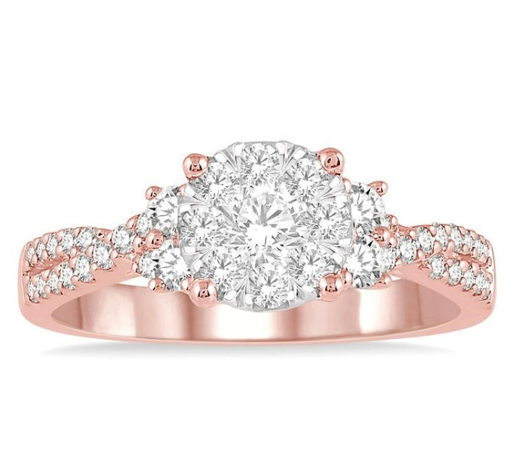 3/4 Ctw Crossed Split Shank Lovebright Diamond Cluster Ring in 14K Rose and White Gold
