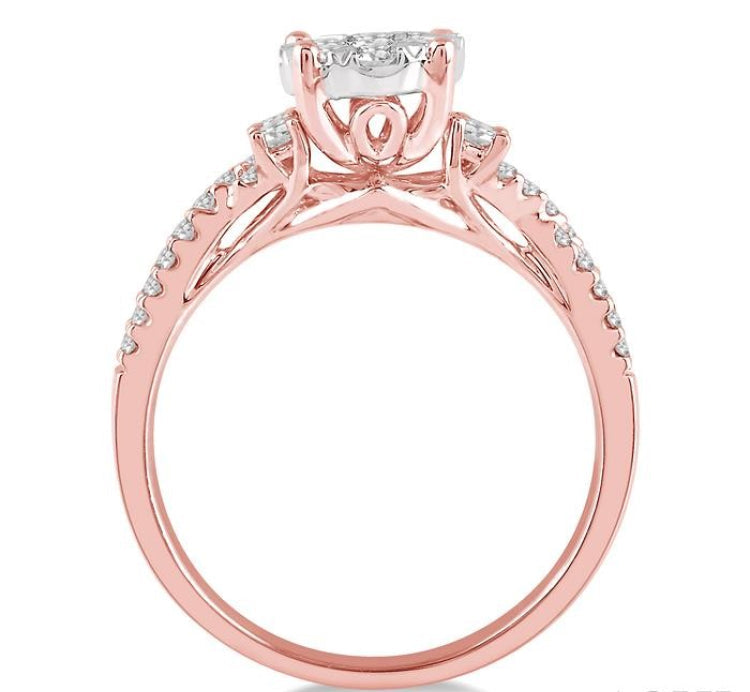 3/4 Ctw Crossed Split Shank Lovebright Diamond Cluster Ring in 14K Rose and White Gold
