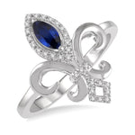 Load image into Gallery viewer, 6x3 MM Marquise Shape Sapphire and 1/10 Ctw Round Cut Diamond Fleur De Lis Precious Ring in 10K White Gold