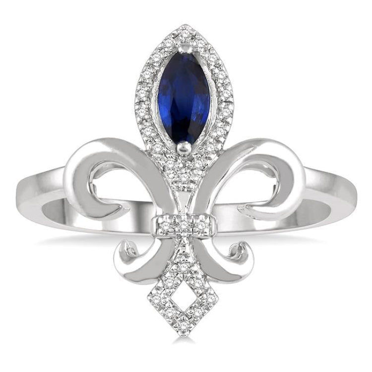 6x3 MM Marquise Shape Sapphire and 1/10 Ctw Round Cut Diamond Fleur De Lis Precious Ring in 10K White Gold