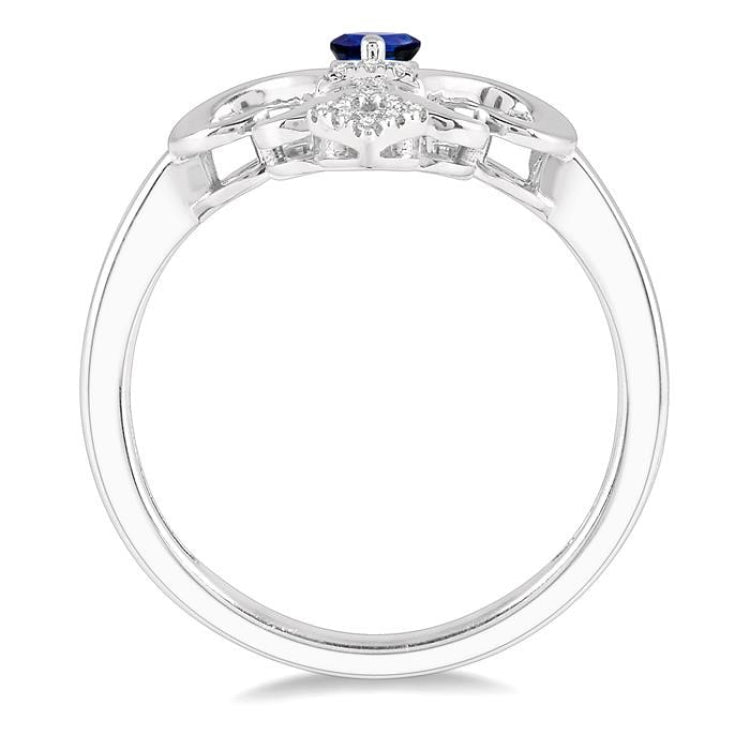 6x3 MM Marquise Shape Sapphire and 1/10 Ctw Round Cut Diamond Fleur De Lis Precious Ring in 10K White Gold