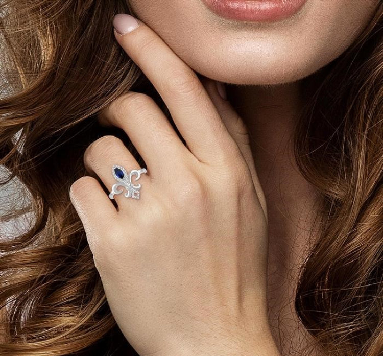 6x3 MM Marquise Shape Sapphire and 1/10 Ctw Round Cut Diamond Fleur De Lis Precious Ring in 10K White Gold