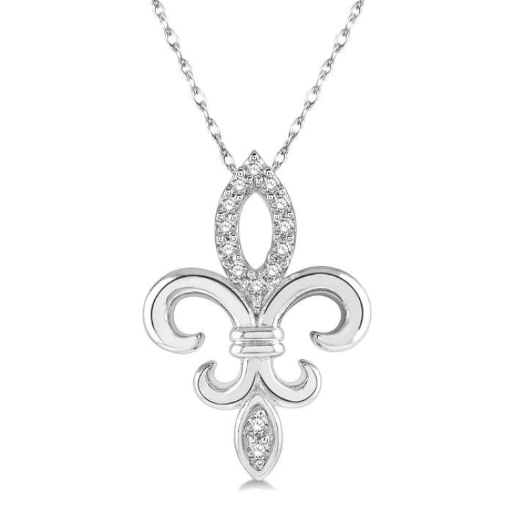 1/10 Ctw Fleur De Lis Round Cut Diamond Pendant With Chain in 10K White Gold