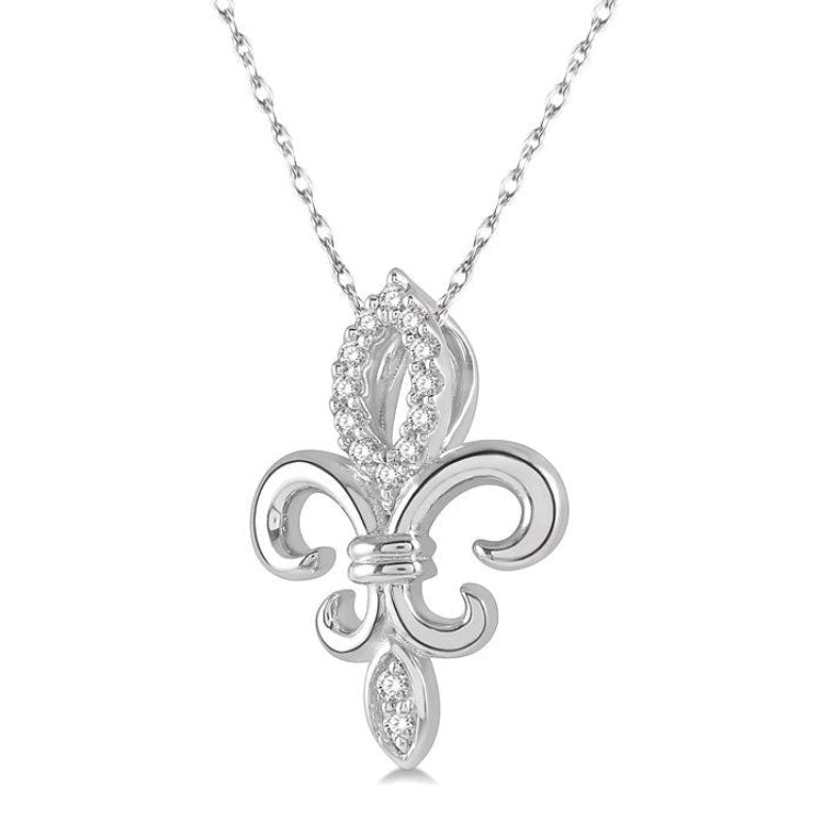1/10 Ctw Fleur De Lis Round Cut Diamond Pendant With Chain in 10K White Gold