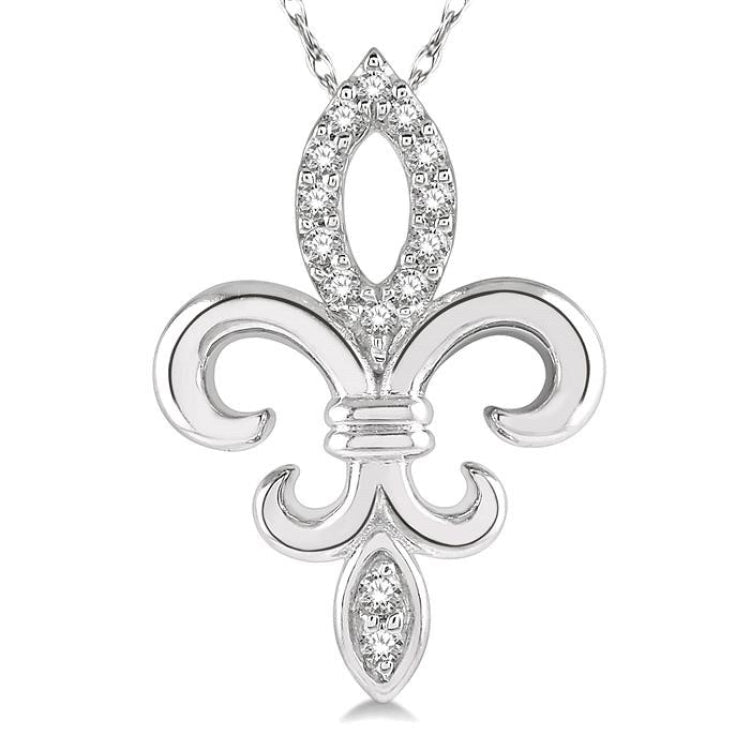 1/10 Ctw Fleur De Lis Round Cut Diamond Pendant With Chain in 10K White Gold