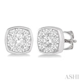 1/2 Ctw Cushion Shape Round Cut Diamond Lovebright Bezel Stud Earring in 14K White Gold