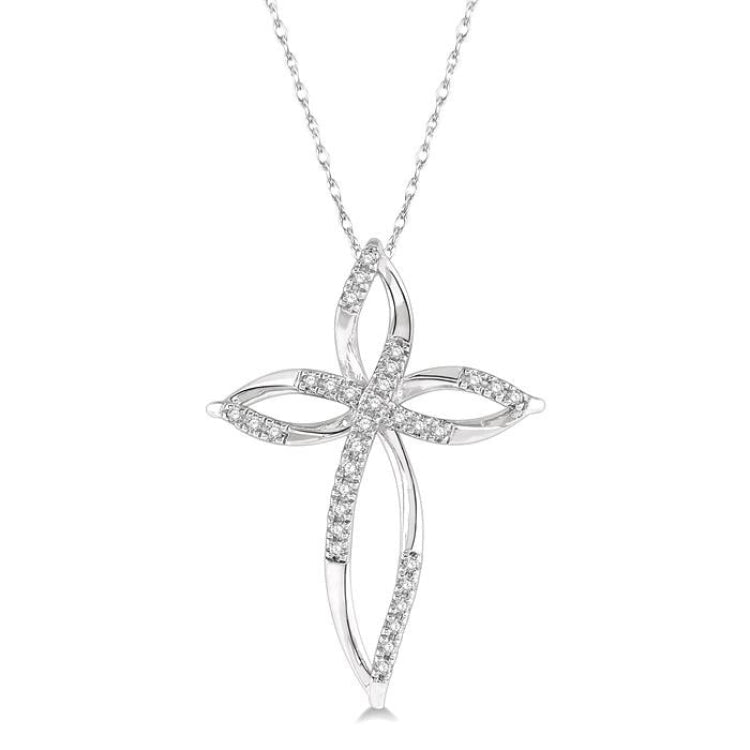 1/10 Ctw Twisted Cross Charm Round Cut Diamond Pendant With Chain in 10K White Gold