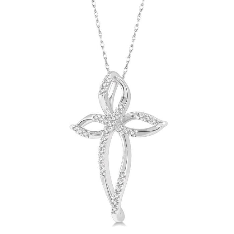 1/10 Ctw Twisted Cross Charm Round Cut Diamond Pendant With Chain in 10K White Gold