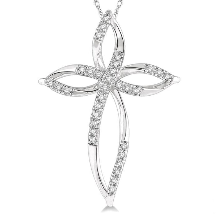 1/10 Ctw Twisted Cross Charm Round Cut Diamond Pendant With Chain in 10K White Gold