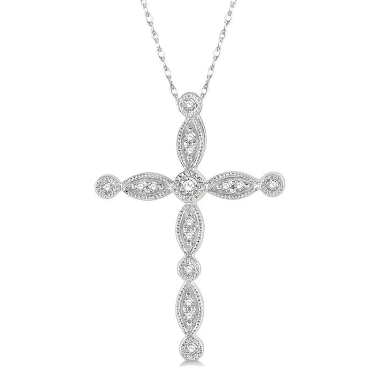 1/10 Ctw Marquise & Circular Mount Cross Charm Round Cut Diamond Pendant With Chain in 10K White Gold