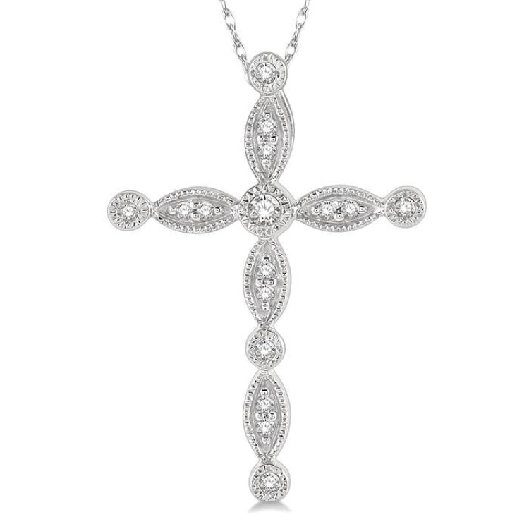 1/10 Ctw Marquise & Circular Mount Cross Charm Round Cut Diamond Pendant With Chain in 10K White Gold