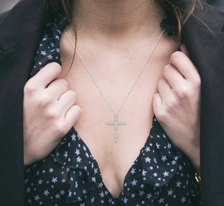 1/10 Ctw Marquise & Circular Mount Cross Charm Round Cut Diamond Pendant With Chain in 10K White Gold
