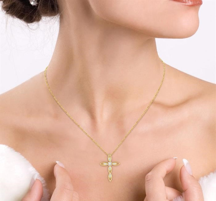 1/10 Ctw Extended Frame Marquise Cross Round Cut Diamond Pendant With Chain in 10K Yellow Gold