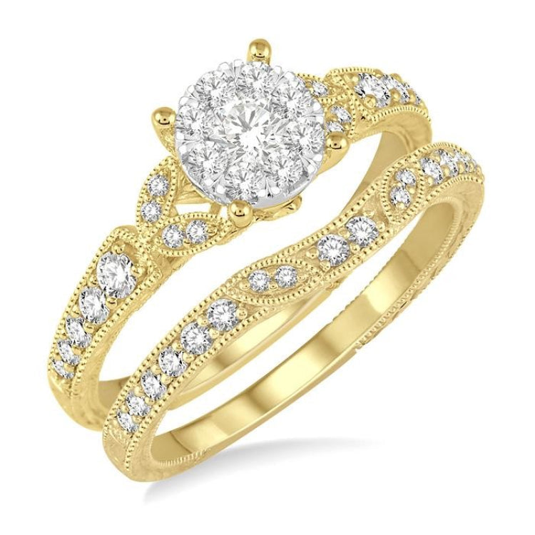 5/8 Ctw Round Cut Diamond Lovebright Wedding Set with 1/2 Ctw Engagement Ring and 1/6 Ctw Wedding Band in 14K Yellow and White Gold