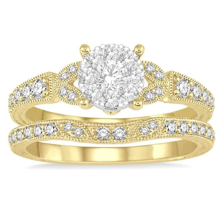 5/8 Ctw Round Cut Diamond Lovebright Wedding Set with 1/2 Ctw Engagement Ring and 1/6 Ctw Wedding Band in 14K Yellow and White Gold