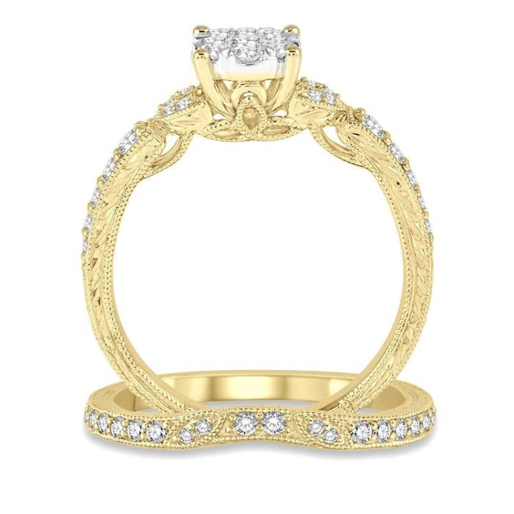 5/8 Ctw Round Cut Diamond Lovebright Wedding Set with 1/2 Ctw Engagement Ring and 1/6 Ctw Wedding Band in 14K Yellow and White Gold