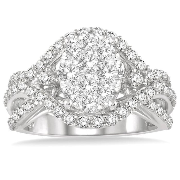 1 1/10 Ctw Split Shank Oval Shape Lovebright Round Cut Diamond Ring in 14K White Gold