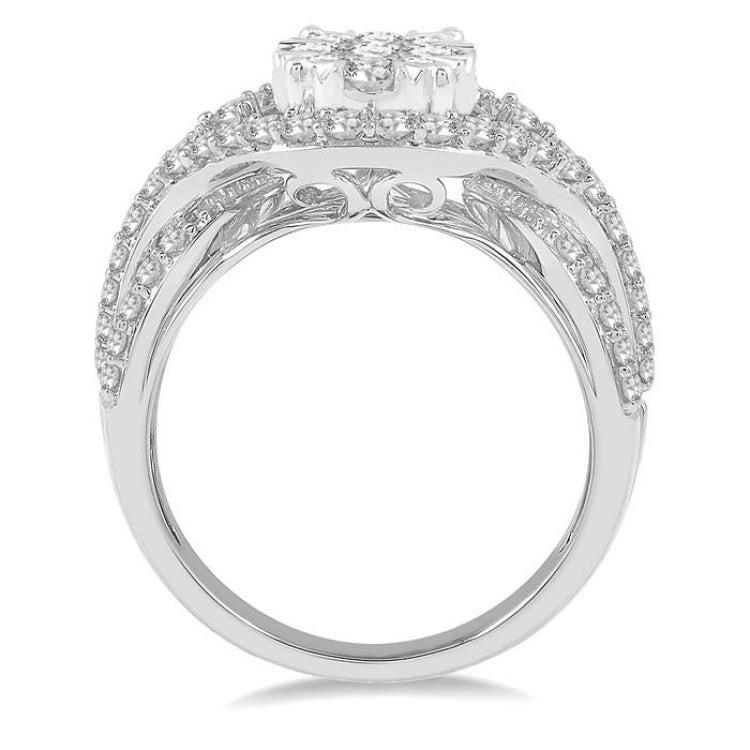 1 1/10 Ctw Split Shank Oval Shape Lovebright Round Cut Diamond Ring in 14K White Gold