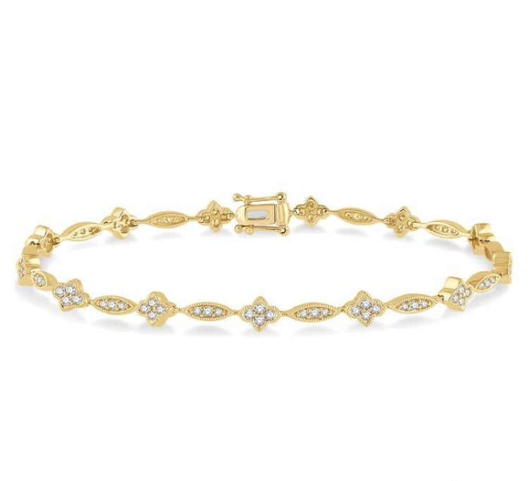 1 1/10 Ctw Marquise and Floral Link Diamond Bracelet in 14K Yellow Gold