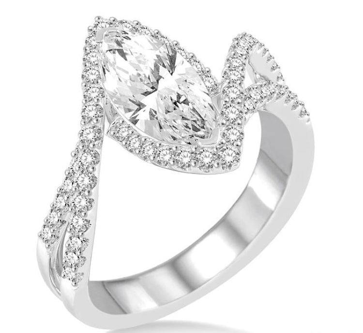 5/8 Ctw Marquise Center Bypass Shank Semi-Mount Round Cut Diamond Ring in 14K White Gold
