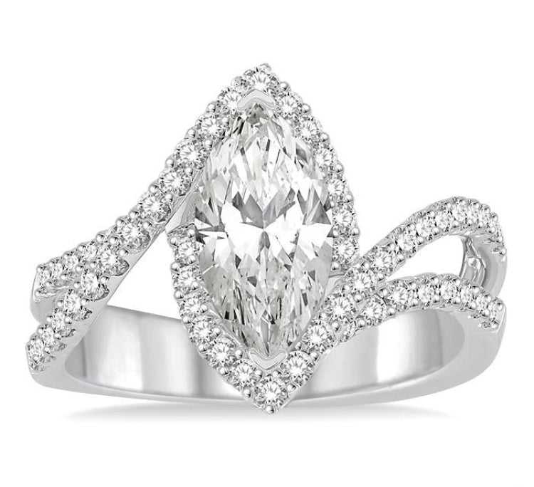 5/8 Ctw Marquise Center Bypass Shank Semi-Mount Round Cut Diamond Ring in 14K White Gold