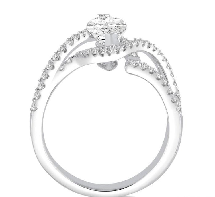 5/8 Ctw Marquise Center Bypass Shank Semi-Mount Round Cut Diamond Ring in 14K White Gold