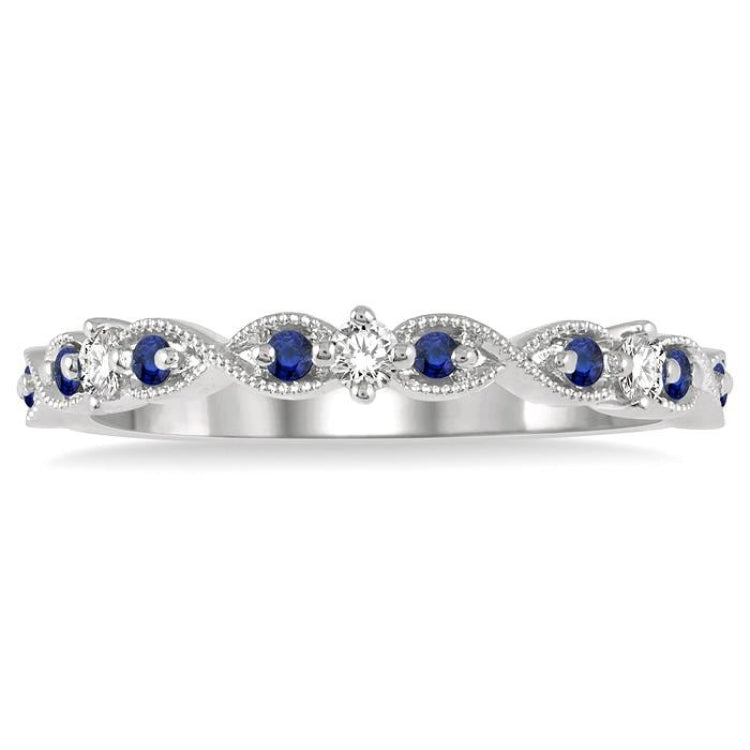 1.35 MM Sapphire and 1/10 Ctw Round Cut Diamond Precious Wedding Band in 14K White Gold