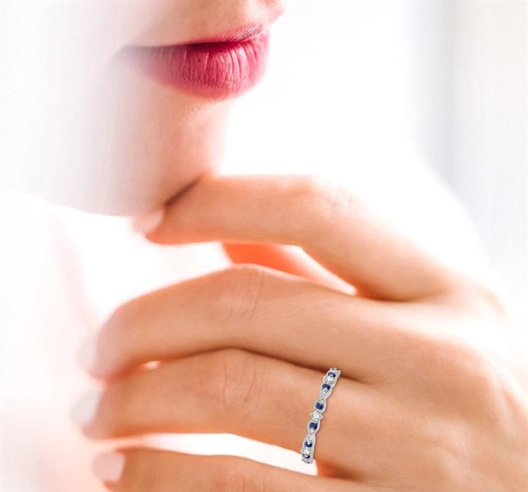 1.35 MM Sapphire and 1/10 Ctw Round Cut Diamond Precious Wedding Band in 14K White Gold