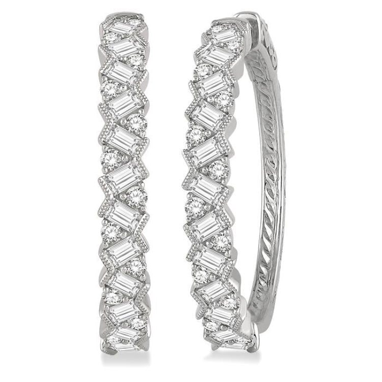 2 Ctw Zigzag Baguette and Round Cut Diamond Hoop Earring in 14K White Gold