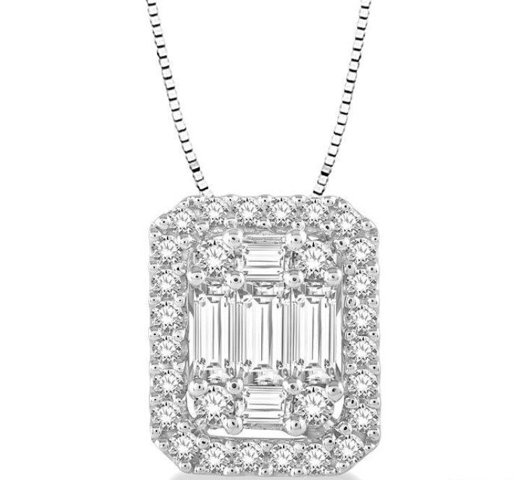 1/2 Ctw Octagonal Baguette & Round Cut Diamond Pendant With Box Chain in 14K White Gold