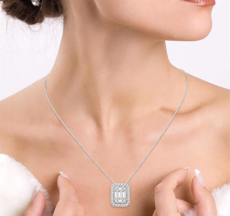 1/2 Ctw Octagonal Baguette & Round Cut Diamond Pendant With Box Chain in 14K White Gold