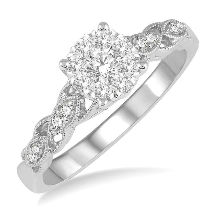 3/8 Ctw Two-Tone Lattice Shank Round Cut Diamond Lovebright Ring in 14K White Gold