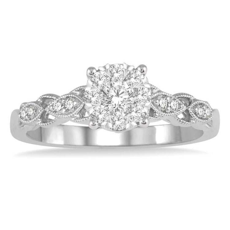3/8 Ctw Two-Tone Lattice Shank Round Cut Diamond Lovebright Ring in 14K White Gold