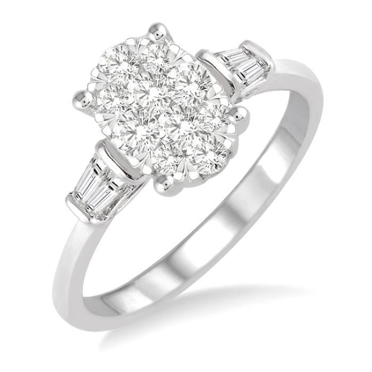 5/8 Ctw Oval Shape Lovebright Baguette and Round Cut Diamond Cluster Ring in 14K White Gold