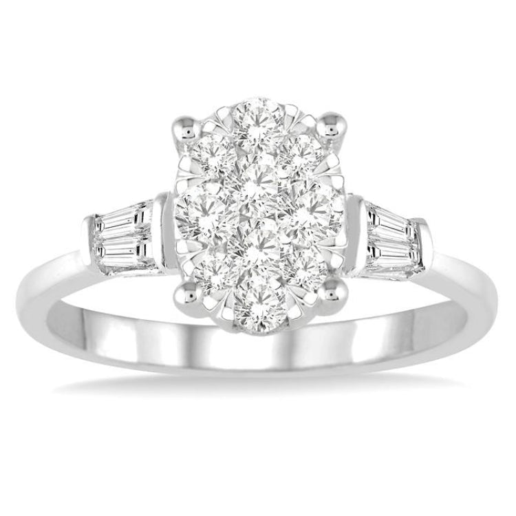 5/8 Ctw Oval Shape Lovebright Baguette and Round Cut Diamond Cluster Ring in 14K White Gold