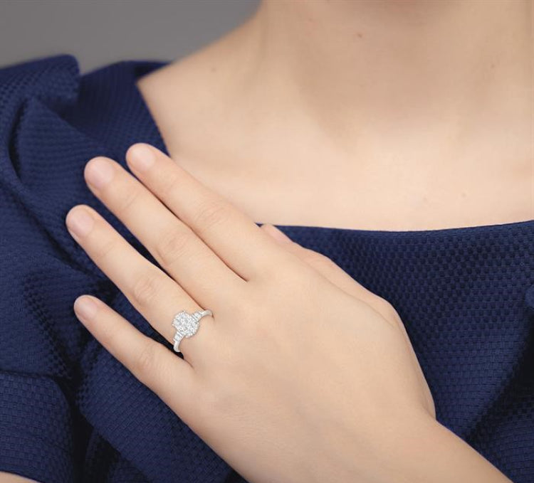 5/8 Ctw Oval Shape Lovebright Baguette and Round Cut Diamond Cluster Ring in 14K White Gold