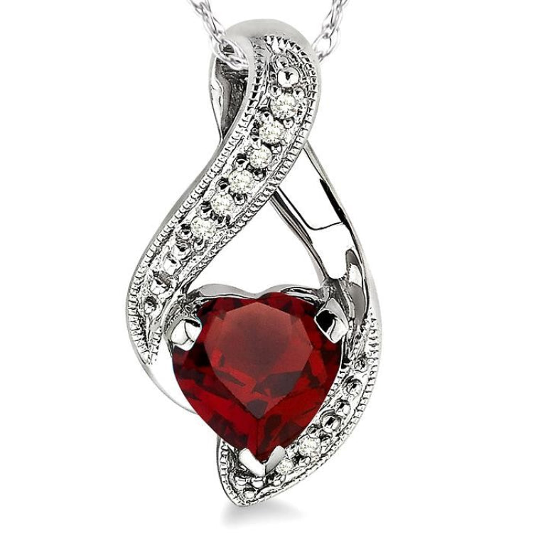7x7 MM Heart Shape Garnet and 1/20 Ctw Round Cut Diamond Semi-Precious Pendant in 10K White Gold with Chain