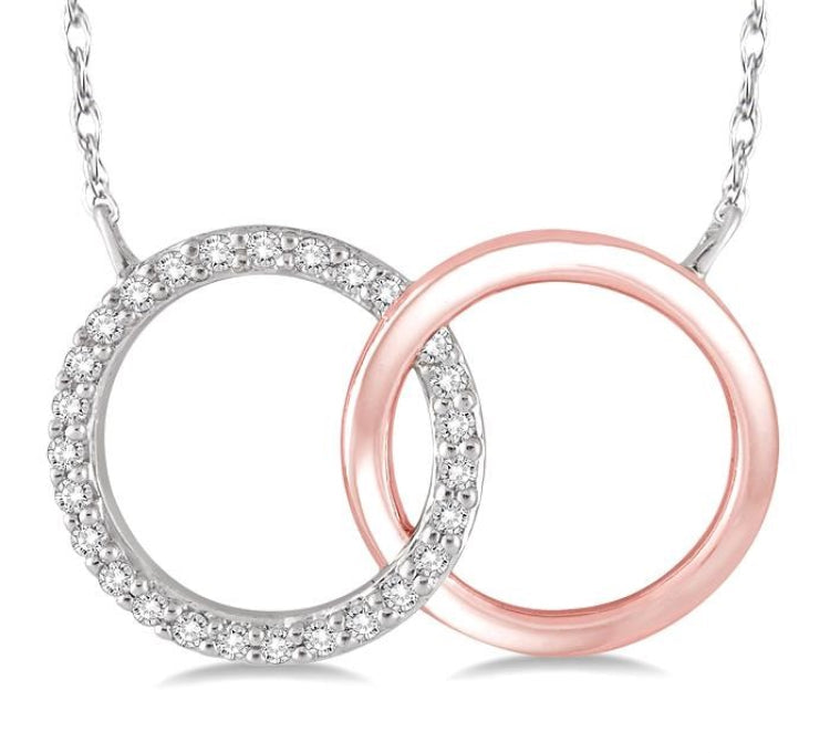1/6 Ctw Round Cut Diamond Circle n Circle Pendant in 10K White and Rose Gold with Chain