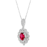 Load image into Gallery viewer, 6x4 MM Oval Cut Ruby and 1/8 Ctw Lattice Round Cut Diamond Precious Pendant With Chain in 10K White Gold
