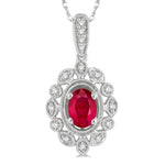 Load image into Gallery viewer, 6x4 MM Oval Cut Ruby and 1/8 Ctw Lattice Round Cut Diamond Precious Pendant With Chain in 10K White Gold