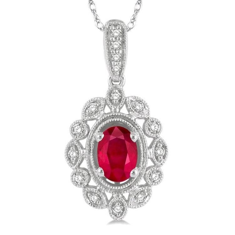 6x4 MM Oval Cut Ruby and 1/8 Ctw Lattice Round Cut Diamond Precious Pendant With Chain in 10K White Gold