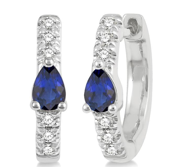 4X3 MM Pear Cut Sapphire and 1/10 Ctw Round Cut Diamond Petite Huggie Earrings in 10K White Gold