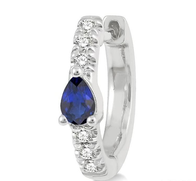 4X3 MM Pear Cut Sapphire and 1/10 Ctw Round Cut Diamond Petite Huggie Earrings in 10K White Gold